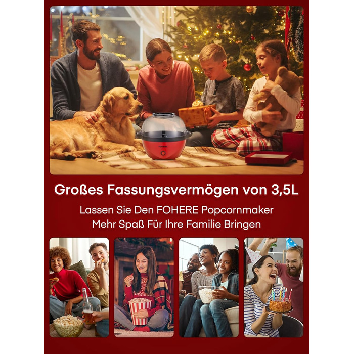 Машина для попкорну FOHERE, 3.5-літрова машина для дому, електричний попкорн-поппер з цукром та олією, антипригарне покриття, тиша та швидка, велика кришка як миска для подачі, для вечорів кіно