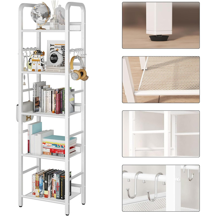 Окремостояча полиця, книжкова полиця, полиця для зберігання з 5 рівнями, 8 S-подібних гачків, металевий каркас, мінімалістичний стиль, органайзер для вітальні, домашнього офісу, спальні, ванної кімнати, білий HBC055W 146 см білий