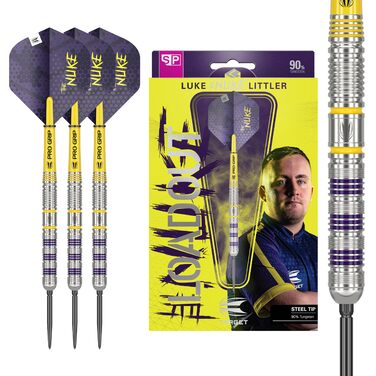 Дартс Target Luke Littler Loadout Steel Tip Swiss Point Darts, 90 вольфрам, 22G/23G/24G Набір дротиків зі сталевим наконечником, видання Player Edition, набори дротиків Swiss Points з інструментами, дротиками Pro Grip та льотками 2