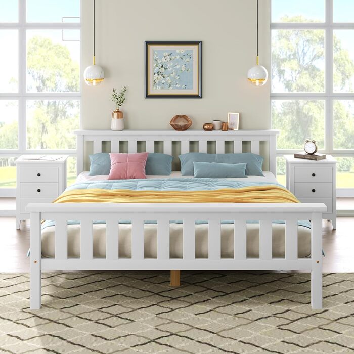 Двоспальне ліжко Merax з дерев&39яним каркасом 140 x 200 см, білий, з рейковою основою та високим узголів&39ям, для дорослих, дітей, підлітків, каркас ліжка з сосни, білий