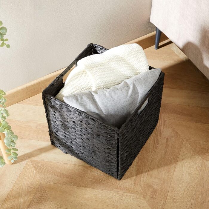 Набір кошиків CAO з 2 шт. , чорний - Кошики ручної роботи з водяного гіацинта, складні з міцними ручками. Кошик-поличка, кошик для зберігання. Універсальний для спальні, офісу, вітальні. Практичний, декоративний.