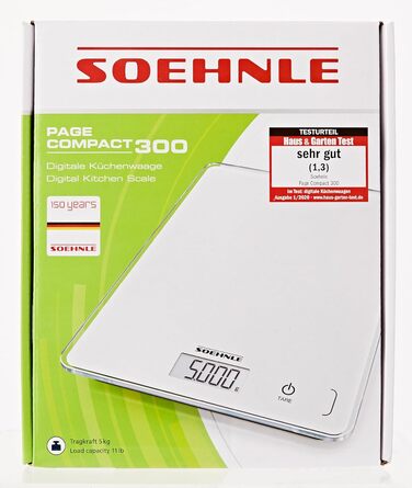 Кухонні ваги Soehnle Page Compact 300 білі, цифрові кухонні ваги до 5 кг, ваги зі зручним для читання РК-дисплеєм, цифрові ваги з