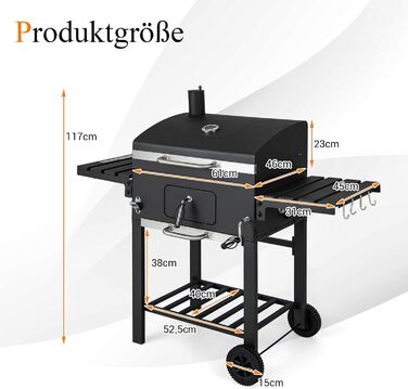 Мангал GOPLUS з кришкою, візок для барбекю на 2 колесах з 2 відкидними боковими столиками, 8 гачками, термометром і відкривачкою д