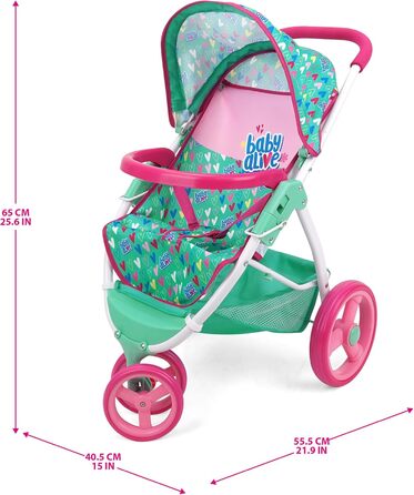 Лялькова коляска для бігу, зелена, рожева, сердечка, аксесуари для ляльок до 61 см, складна конструкція, висувний балдахін, для зб