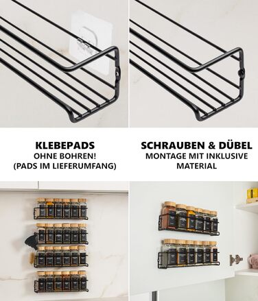Настінна підставка для спецій Deco haus (свердління не потрібне) З 24 БАНКАМИ ДЛЯ СПЕЦІЙ ТА ЕТИКЕТКАМИ - Підвісна підставка для спецій, набір з 4 шт. - Настінний тримач для спецій - Клейкі підставки для спецій для дверцят шаф - Органайзер для підставок дл
