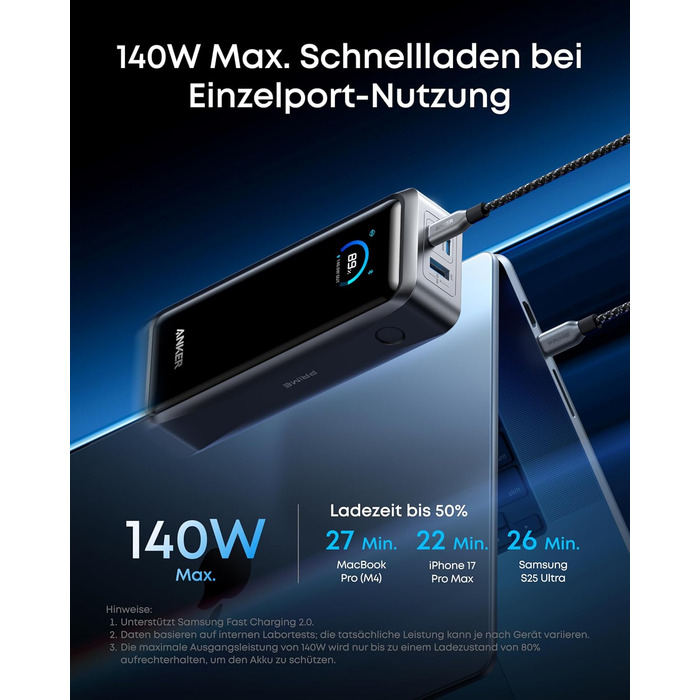 Портативний зарядний пристрій Anker Prime Power Bank, 26250 мАг, з 3 портами та вихідною потужністю 300 Вт, двонаправлена зарядка, схвалено TSA, керування за допомогою застосунку, для MacBook, iPhone серії 17/16 та інших (без зарядної бази) 26250 мАг 300 