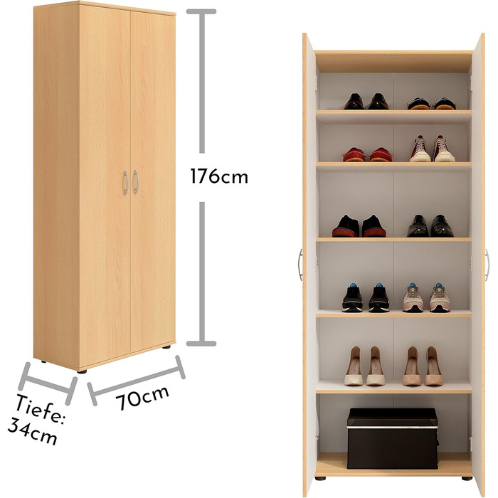 Шафа для взуття TALENT 3, висока, під бук - Універсальна багатофункціональна шафа з регульованими полицями - 70 x 176 x 35 см (Ш/В/Г)