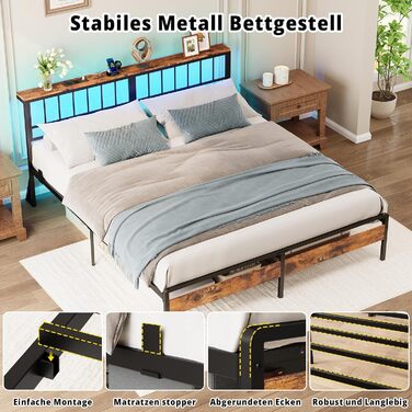 Каркас ліжка IRONCK 180x200, Ліжко зі світлодіодним підсвічуванням та розетками, Місце для зберігання речей під ліжком, 2 розетки змінного струму, 1 порт USB та 1 порт Type-C, Двоспальне ліжко з металевою рейковою основою, 180x200 см
