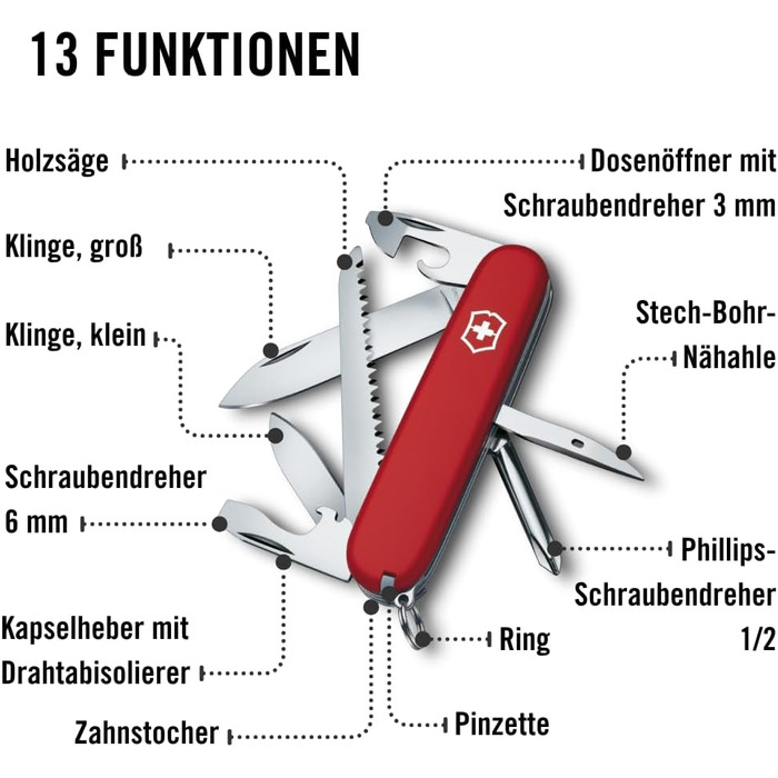 Швейцарський армійський ніж Victorinox Hiker, мультитул, 13 функцій, лезо, консервний ніж, викрутка (одинарна)