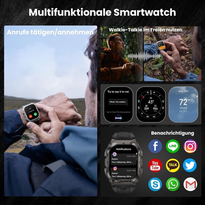 Розумний годинник KOSPET Tank M4 GPS для чоловіків, повністю з нержавіючої сталі, глобальні офлайн-карти та система з 6 супутників, водонепроникність 100 м, 50-денний заряд батареї, дзвінки Bluetooth, цілодобовий моніторинг серцевого ритму/сну, чорний