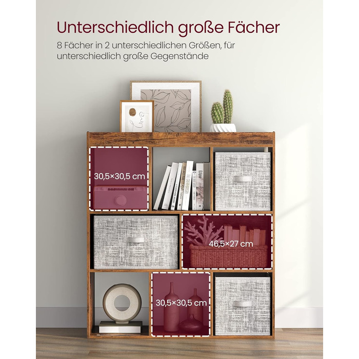 Книжкова полиця VASAGLE, полиця, кубічна полиця, окремостояча полиця, 8 відкритих відділень, можна використовувати горизонтально, вертикально або догори дном, 30 x 97,5 x 100 см, для вітальні, кабінету, офісу, вінтажний коричневий LBC52BX 8 кубічних вінта