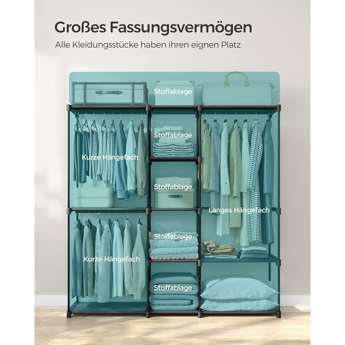 Шафа, Вішалка для одягу, Окремостояча шафа, з рейками для одягу, Вішалка для одягу, Тканинні полиці, Металевий каркас, 182 x 43 x 182 см, Чорнильно-чорний RYG037B02