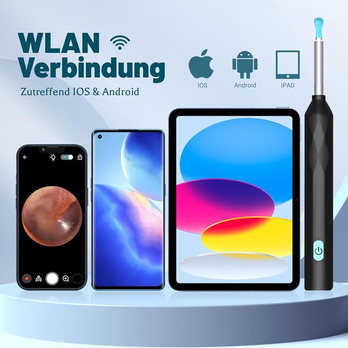 Отоскоп для видалення вушної сірки, камера для чищення вух AMDXD WiFi 8MP HD вушна камера IP4 Водонепроникний вушний отоскоп, камера отоскопа з широким кутом огляду 360, 6 світлодіодів для iPhone, iPad і смартфонів Android, чорний