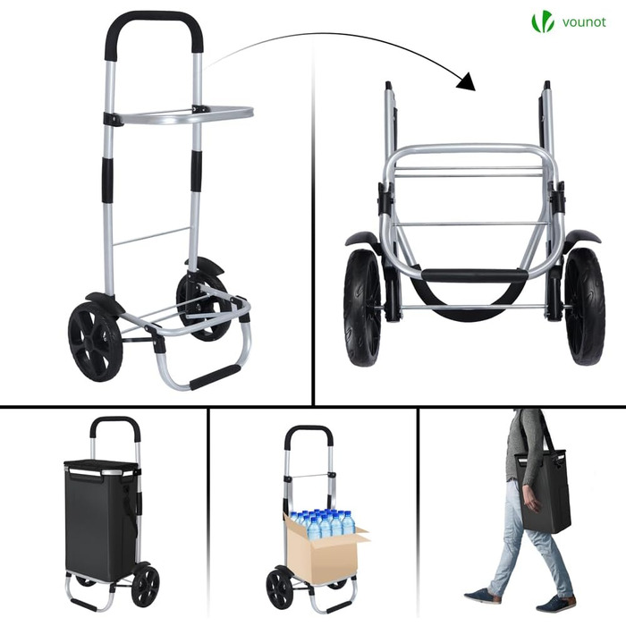 Алюмінієвий складаний візок для покупок 58л з водонепроникною сумкою та термо-відсіком, 2 великих колеса з брудозахисними крилами, складаний візок-драбина, чорний 58л