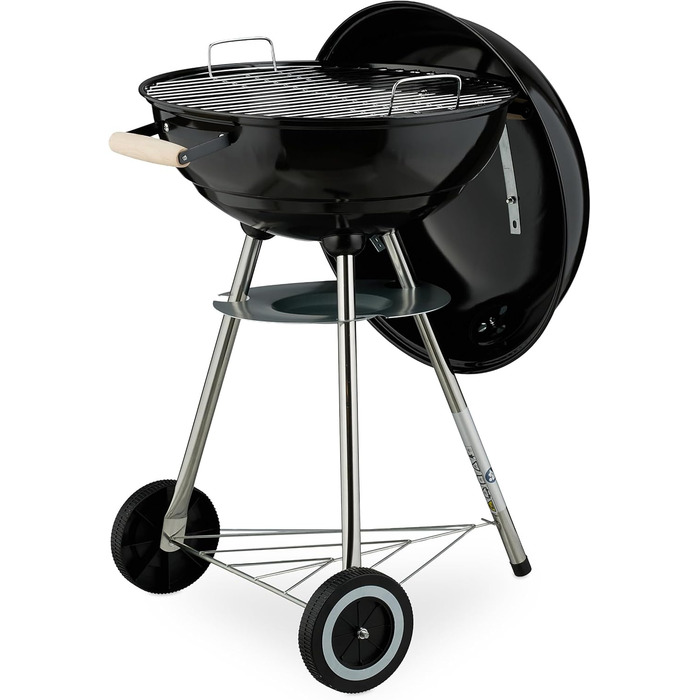 Вугільний гриль-мангал, Ø 44 см, решітка для грилю, для вулиці, з колесами та ніжками, з піддоном для попелу, коптильня, чорний