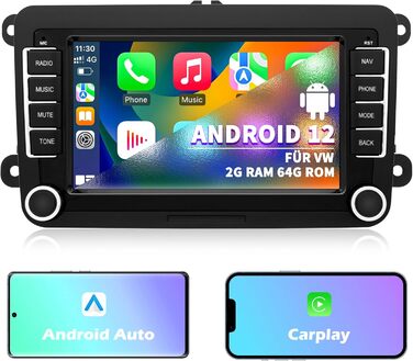Автомагнітола для VW Passat Golf Polo Caddy Bettle Touran Tiguan Jetta Seat Skoda, система Android 12 2G64G, 7-дюймовий сенсорний екран Carplay Android Auto GPS Navi WiFi Bluetooth FM RDS радіо