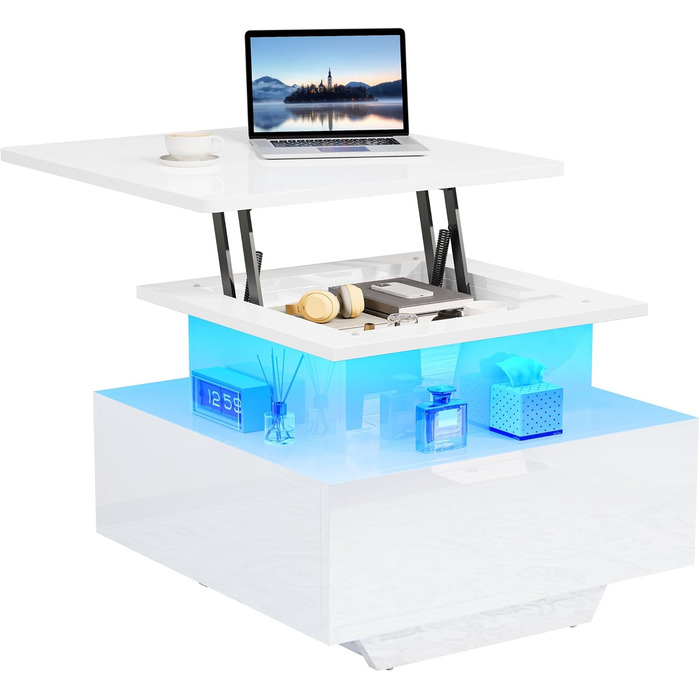 Журнальний столик з регульованою висотою та світлодіодним освітленням, сучасний, 60x60x45 см, глянцевий стіл для вітальні з відкритою полицею та 2 шухлядами, білий