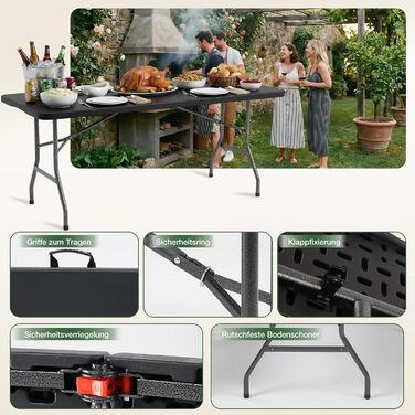 Складаний фуршетний стіл Sekey, пластик, 152x70 см Кемпінговий стіл з ручкою для перенесення, стіл для вечірки, розкладний стіл, садовий стіл для саду, патіо та балкону, складаний, 4 особи (чорний)