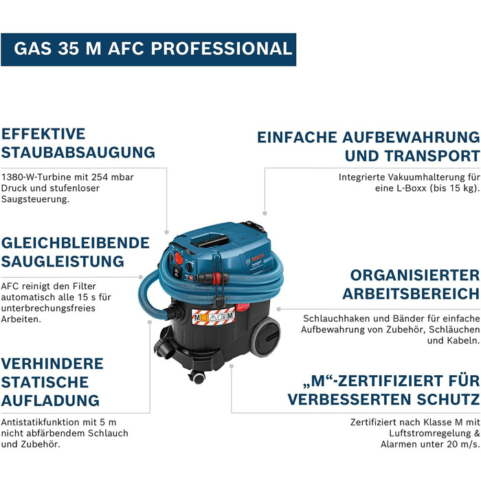 Професійний пилосос Bosch Professional GAS 35 M AFC для вологого та сухого прибирання (потужність 1200 Вт, резервуар 35 л, шланг 5 м)
