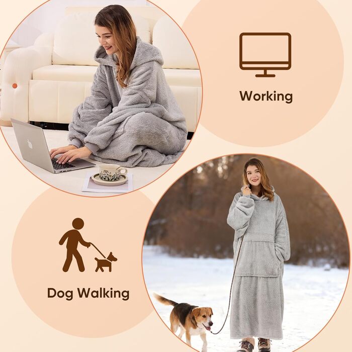 Ковдра Qutool з капюшоном та рукавами, м&39яка тепла ковдра для дорослих, светр для обіймів у подарунок для жінок, мам, 129x85 см, сірий довгий