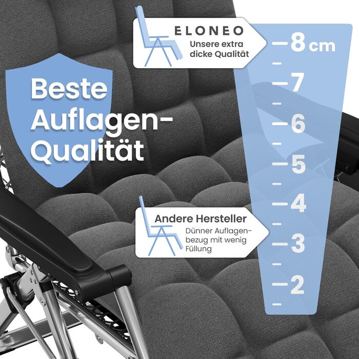 Складаний шезлонг ELONEO з преміальною подушкою, всепогодний шезлонг з вантажопідйомністю 200 кг, надзвичайно широкий садовий стілець, садовий шезлонг з регульованою спинкою, подушкою для шиї та тримачем для напоїв, антрацит