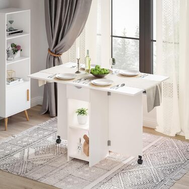 Розкладний обідній стіл Mondeer, кухонний стіл з шухлядою та полицями для 2-4 осіб, розкладний обідній стіл на колесах для невеликих приміщень, їдальня, кухня, 72 x 120 x 75 см, білий