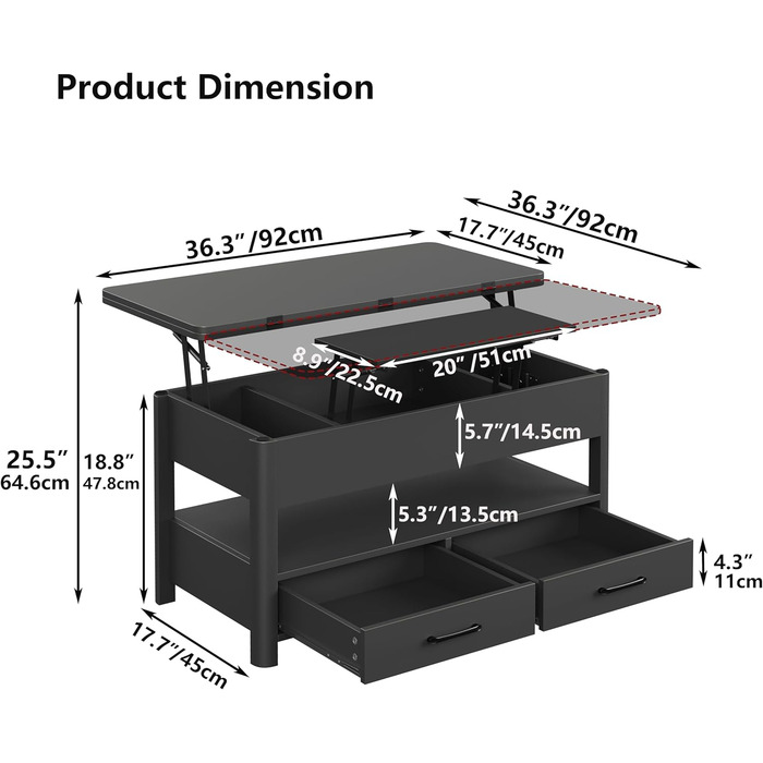 Регульований по висоті журнальний столик з шухлядами та потайним відділенням, стіл для вітальні, що трансформується в обідній стіл, чорний