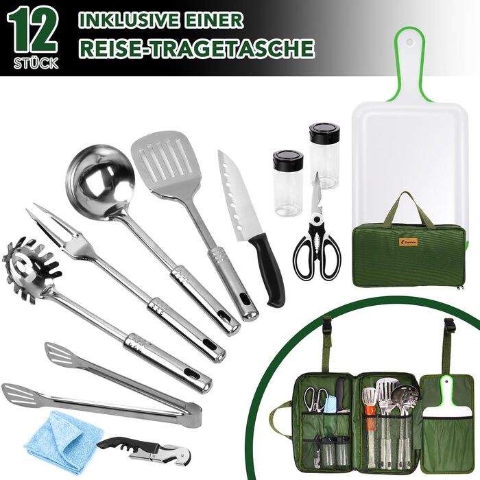 Набір похідного посуду E EASTSTORM з водонепроникною сумкою для кемпінгу, туризму та альпінізму, компактний та портативний, темно-зелений