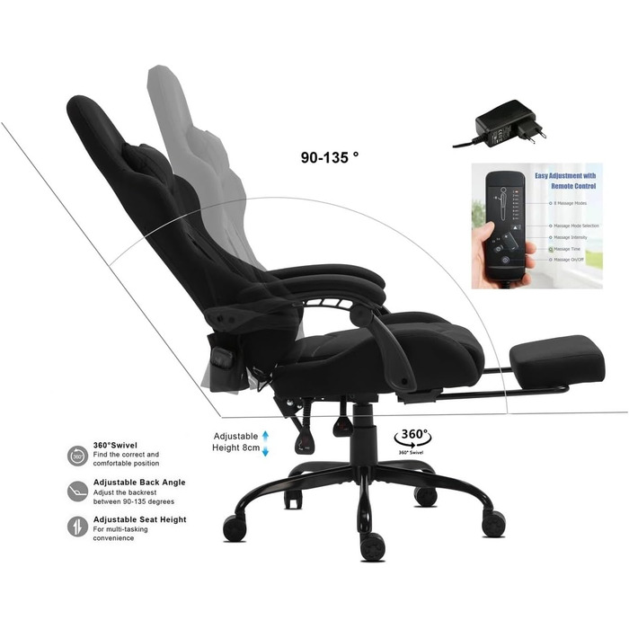 Ігрове крісло Delman, гоночне крісло, офісне крісло, комп&39ютерне крісло, масажна функція з 6 точками вібрації, крісло для керівника, тканинне, ергономічна підставка для ніг, 1036 (чорне)