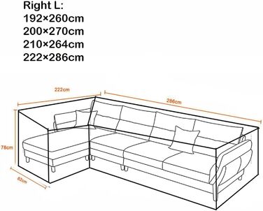 Захисний чохол для кутового дивана, чохол для садових меблів L-подібна водонепроникність, захист від ультрафіолету, захист від вітру Відкритий чохол на диван з ротанга Захисний чохол для садового дивана (розмір 200x270см)
