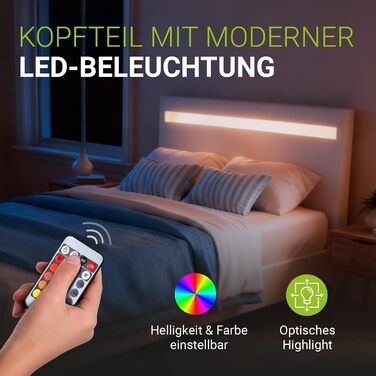 Ліжко Juskys Paris з м&39якою поверхнею 90x200 см зі світлодіодним освітленням, рейковим каркасом та узголів&39ям, ліжко з дерев&39яним каркасом та чохлом зі штучної шкіри, біле 90 x 200 см