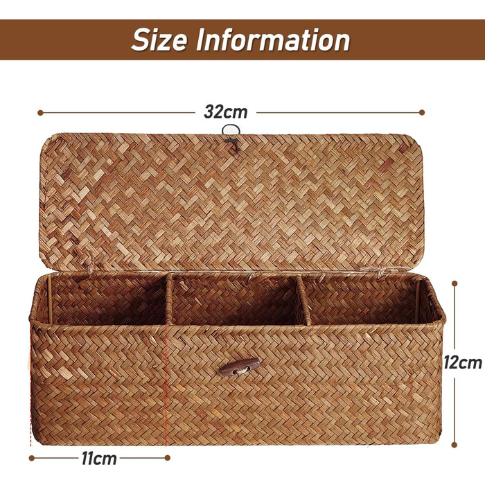 Кошик для зберігання морської трави з кришкою, плетений кошик з ротанга, прямокутний плетений кошик для зберігання ванної кімнати, вітальні, кухні, 32 x 12 x 10 см