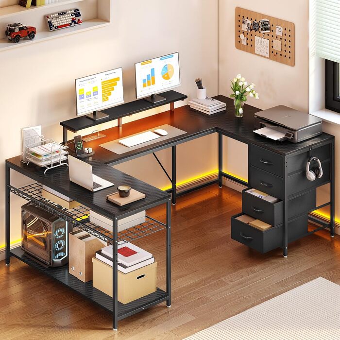 Кутовий письмовий стіл YITAHOME з 4 шухлядами, розеткою, USB та LED-підсвіткою, 158 см, чорний