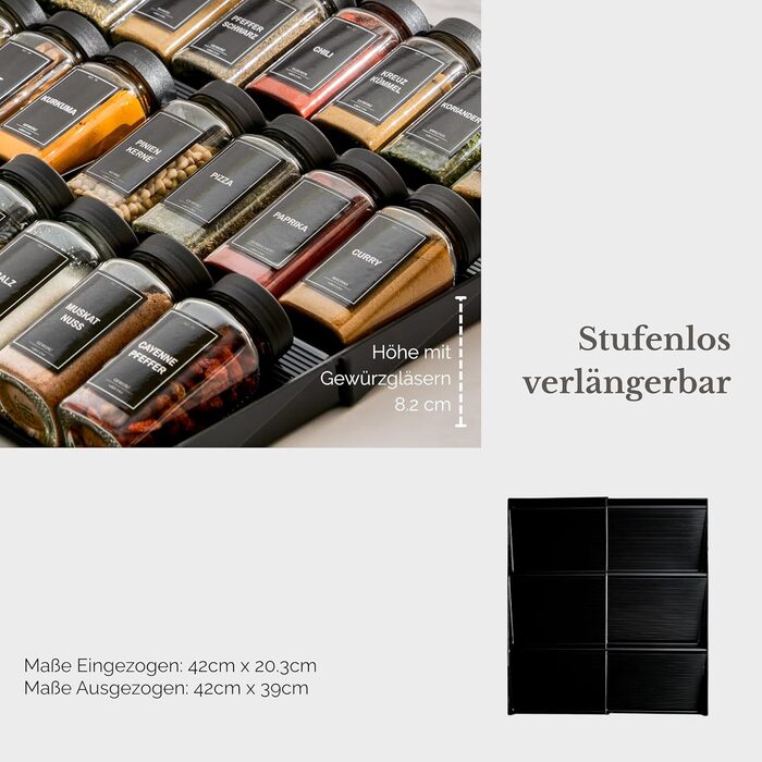 Банки для спецій з полицею 24 x 120 мл, включаючи 300 етикеток для спецій DE - Полиця для спецій з банками - Шухляда для органайзера для спецій - Шухляда для полиці для спецій з банками, система полиць для спецій, золота полиця Золота аура