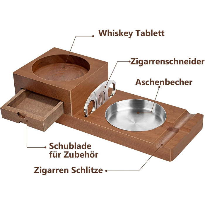 Підставка для сигар FINEW з сигарними аксесуарами, дерев'яна попільничка з різаком для сигар, шухлядою і гніздом для сигар - набір сигарних аксесуарів - подарунок для чоловіків