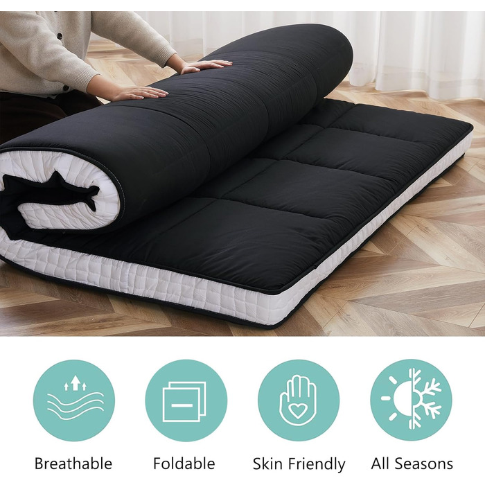 Матрац футон 140 x 200 см, розкладний матрац, товщина 10 см, японський матрац на підлозі, розкладний матрац, дихаючий лежак на підлозі, гостьове ліжко для кемпінгу, диван (чорний, повний матрац), чорний 140 x 200 см