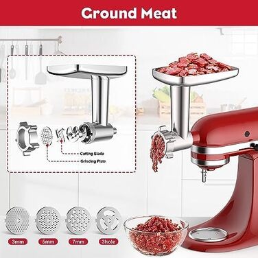 Насадка для м'ясорубки Coolcook для міксера KitchenAid, включаючи 3 ріжки для начинки для ковбаси, 2 шліфувальні леза, 4 шліфувальних диска, м'ясорубку для KitchenAid, легко збирається, зі щіткою для чищення