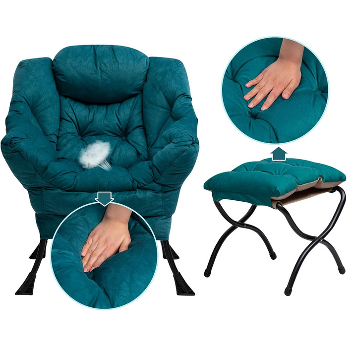 Крісло HollyHOME з підставкою для ніг, крісло з відкидною спинкою та підставкою для ніг, крісло для вітальні, крісло-реклайнер, крісло для спальні, крісло для читання, крісло для відпочинку, крісло, синьо-зелене з підставкою для ніг