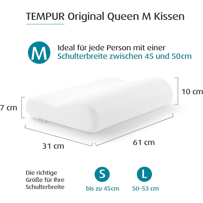 Подушка для сну TEMPUR Original з піни з ефектом пам&39яті, ергономічна подушка для підтримки шиї для сну на боці та спині, жорстка, розмір M (61 x 31 x 10/7), біла