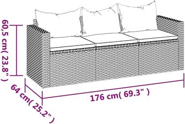 Садовий диван 3-місний, Диван з 3 подушками для сидіння, 3 задні подушки, Відкритий диван, Розслаблюючий диван тримісний, сірий полі ротанг