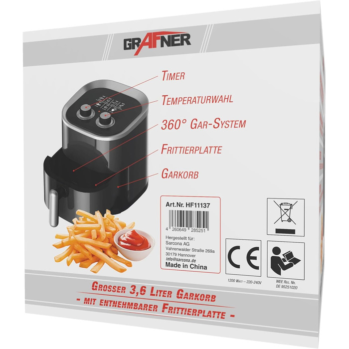 Фритюрниця Grafner XL 3,6 літра, 1200 Вт, система приготування 360, кошик для смаження з антипригарним покриттям, таймер на 30 хвилин, плавне регулювання температури до 200C, фритюрниця без жиру, фритюрниця без олії