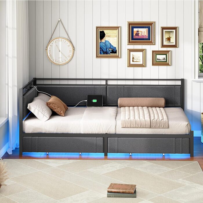 Диван-ліжко HOOBRO 90 x 200 см з 2 шухлядами, рейкова основа, каркас ліжка, м&39яке ліжко із зарядною станцією та світлодіодним освітленням, м&39яке ліжко, односпальне ліжко, для спальні, сірий та чорний EBG81CDBF01