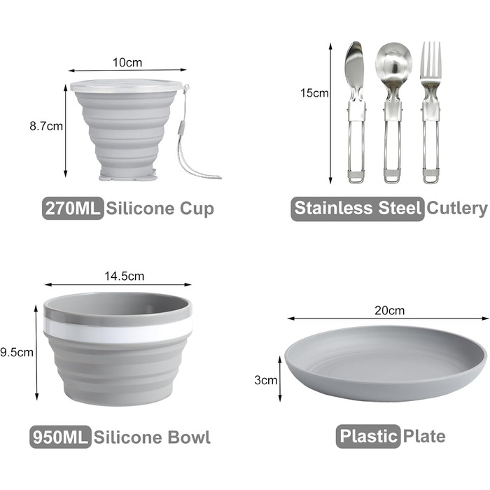 Набір тарілок та мисок для кемпінгу на 1 особу - Складані портативні тарілки та миски, набір столових приборів для подорожей та активного відпочинку