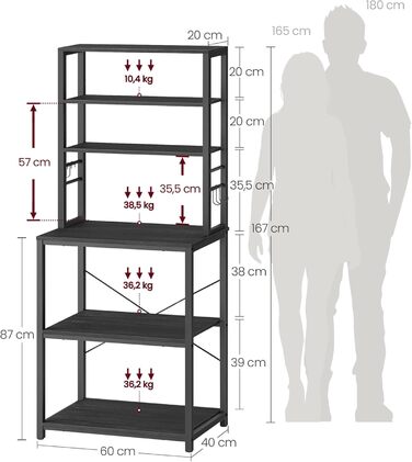 Кухонна полиця VASAGLE, окремостояча полиця, полиця для мікрохвильової печі, 6 полиць, 6 гачків, сталева рама, промисловий дизайн, 40 x 60 x 167 см, антрацитово-сірий - чорний KKS024B22 60B см антрацитово-сірий чорний