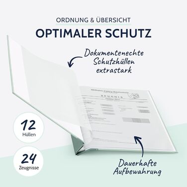 Папка для сертифікатів пастельна папка для документів DIN A4, папка для документів з кришкою, що загвинчується, і 12 прозорими кишенями, папка з лляної структури з 12 рукавами, приблизно 24 x 31,5 x 2 см (Green 2), 36113