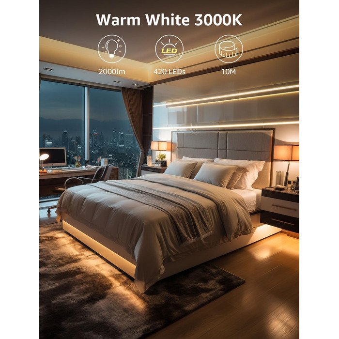 Світлодіодна стрічка Lepro 10M тепла біла, світлодіодна стрічка тепла біла 3000K з регулюванням яскравості, 2835 світлодіодна стрі