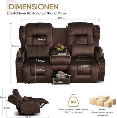 Місний розкладний крісло-реклайнер з функцією відкидання спинки та підставкою для ніг, двомісне крісло для телевізора з консоллю, подвійне кінокрісло з ручним регулюванням вагою до 360 кг (розкладна центральна консоль, коричнева оксамитова тканина) Коричн