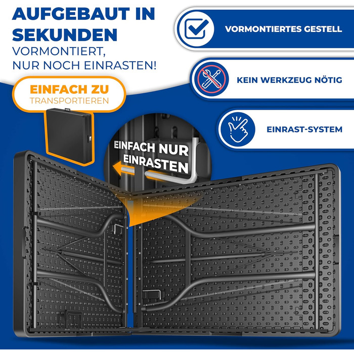 Стіл-фуршет KESSER, складний пластиковий стіл, 183x76 см, кемпінговий стіл, стіл для вечірки, розкладний стіл, садовий стіл для саду, патіо та балкону, складаний, на 6 осіб, в комплекті чохол та ручка для перенесення, антрацит