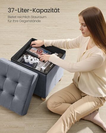 Пуф для зберігання SONGMICS, складний, 38 x 38 x 40 см, коробка для зберігання з кришкою, пуф для ніг 37 л, оксамит, вантажопідйомність до 300 кг, передпокій, вітальня, спальня, сірий сланцевий колір LSF0516G01 38 x 38 x 40 см сірий сланцевий колір