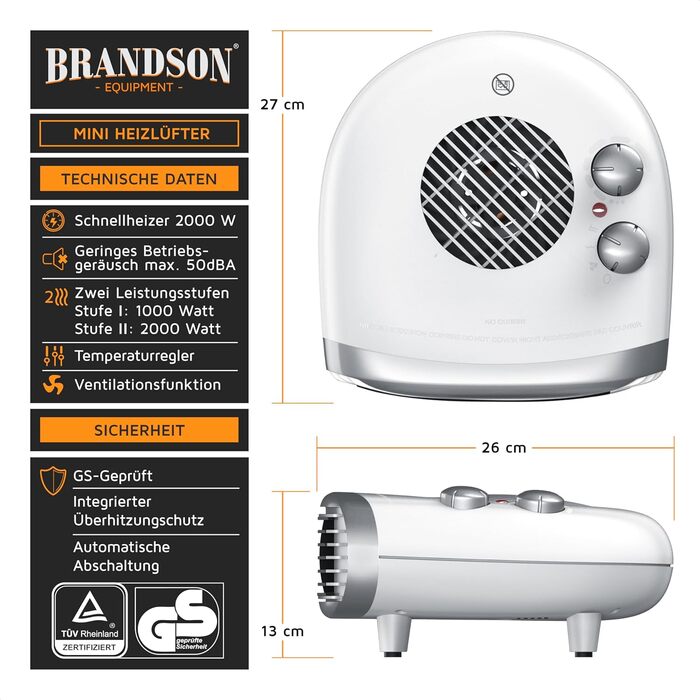 Енергозберігаючий тихий вентилятор-обігрівач Brandson, 3 рівні потужності, вентилятор-обігрівач для ванної кімнати з термостатом, індикатор роботи, 2000 Вт, низький рівень шуму, енергоефективний, захист від перегріву, автоматичне вимкнення A Білий